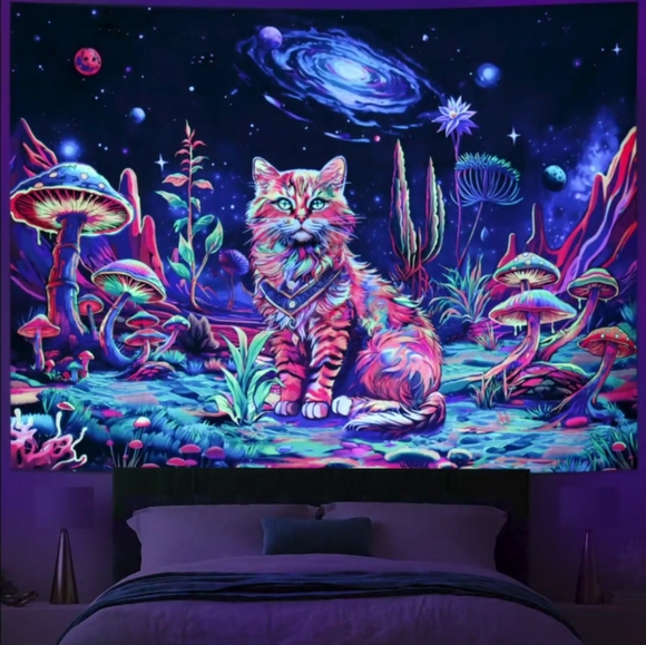 XL Colorful Space Kitty Mushroom Galaxy Blacklight Wall Tapestry Black Light Cat - Picture 13 of 13